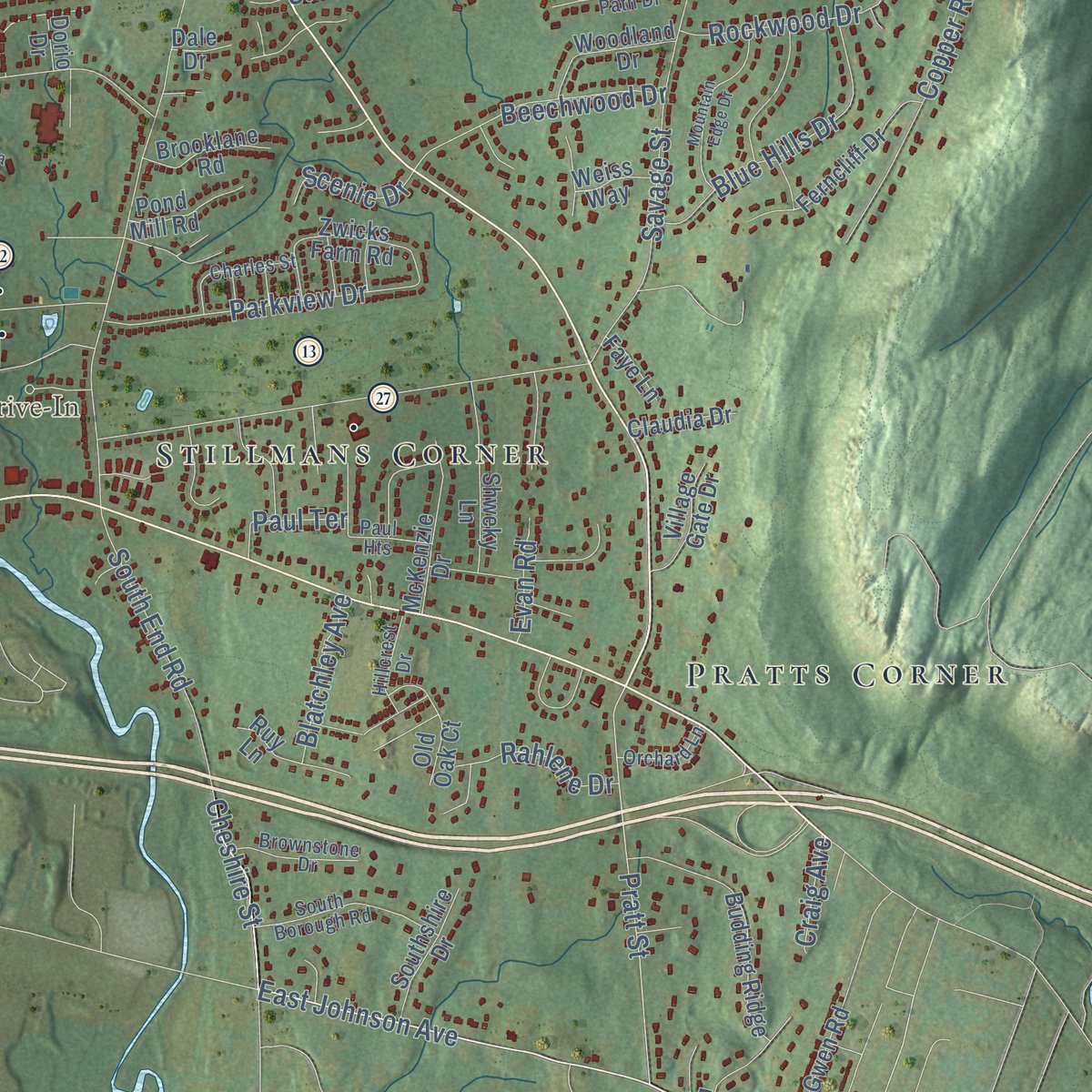 Second close-up of the map of Southington, Connecticut print showing more streets and buildings