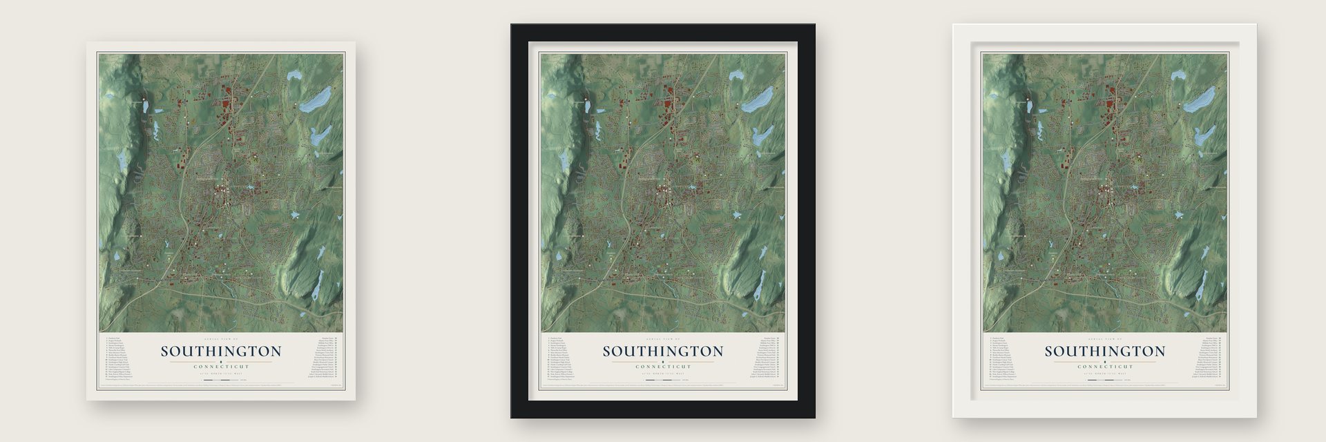 Southington, Connecticut map unframed, in a black wood frame and in a white wood frame