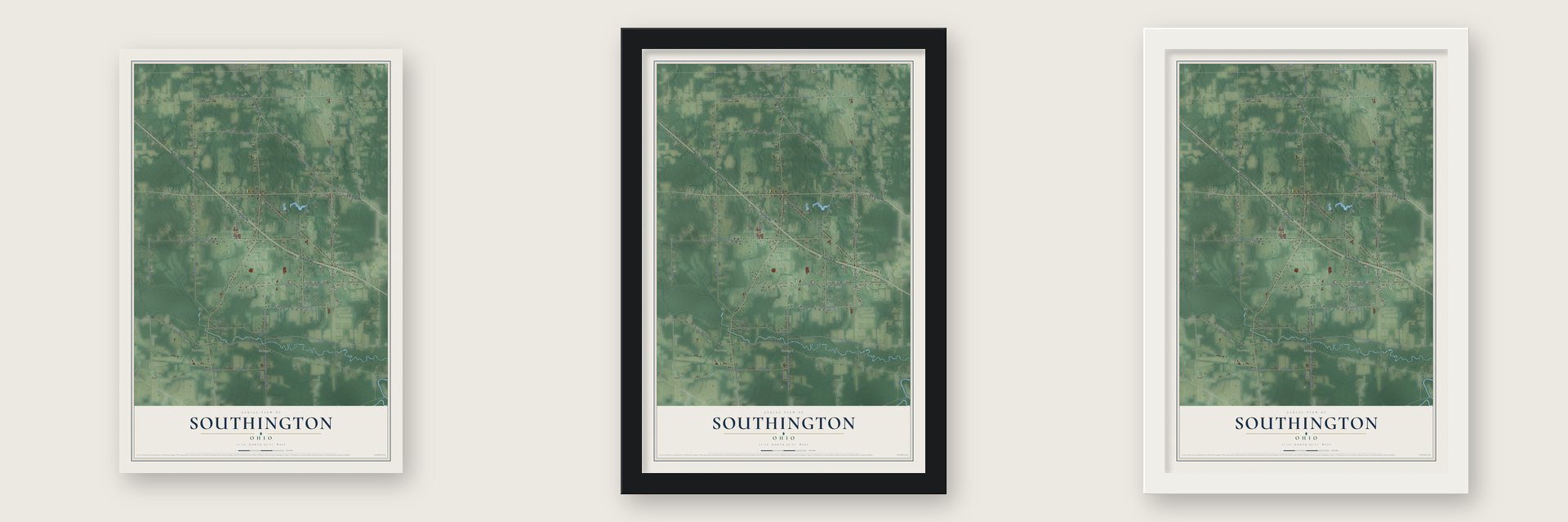 Southington, Ohio map unframed, in a black wood frame and in a white wood frame