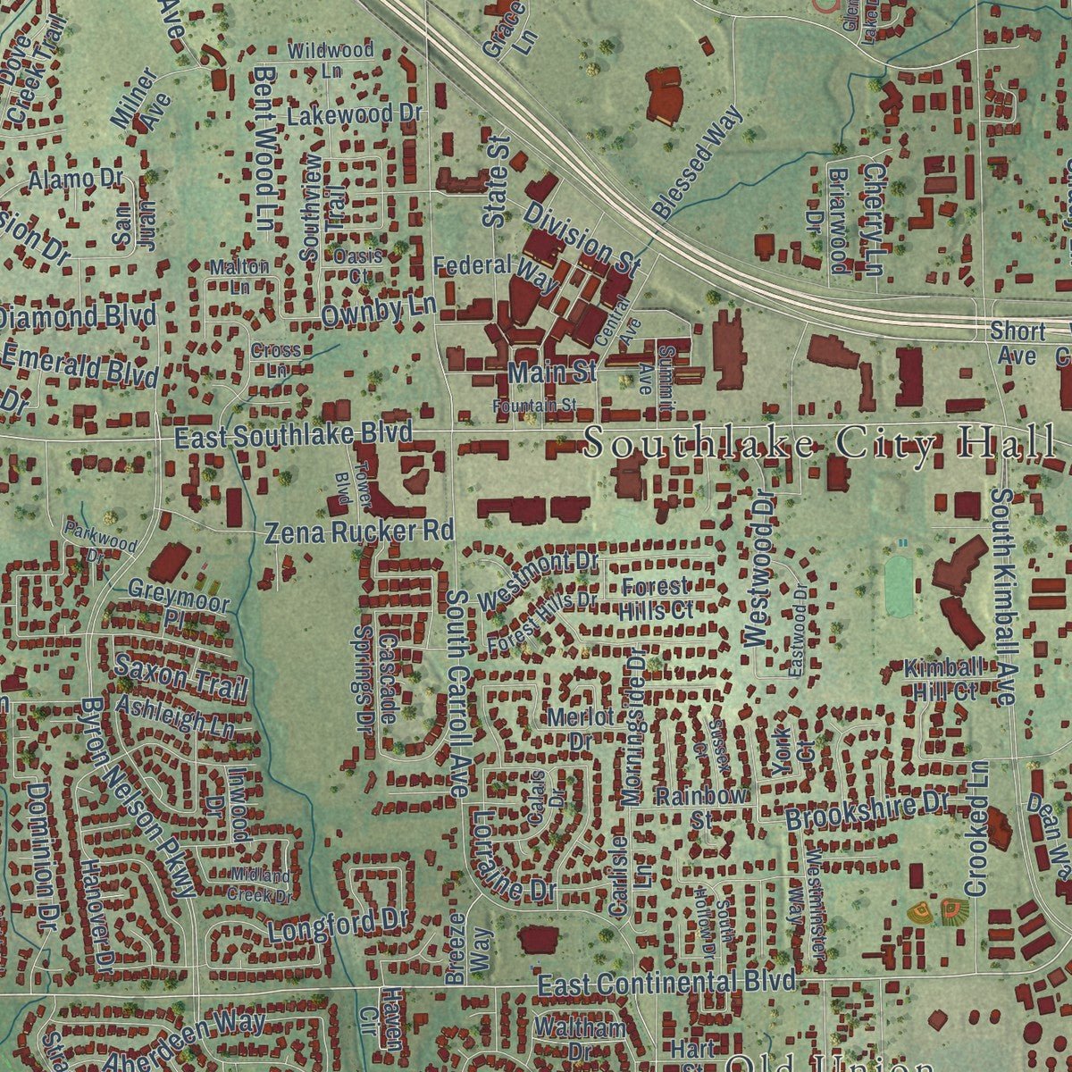 Second close-up of the map of Southlake, Texas print showing more streets and buildings