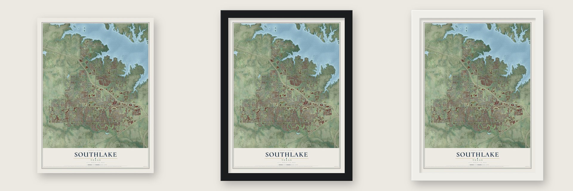 Southlake, Texas map unframed, in a black wood frame and in a white wood frame