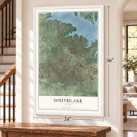 Southlake, Texas map, 24 x 36 inch print in a white frame by a staircase