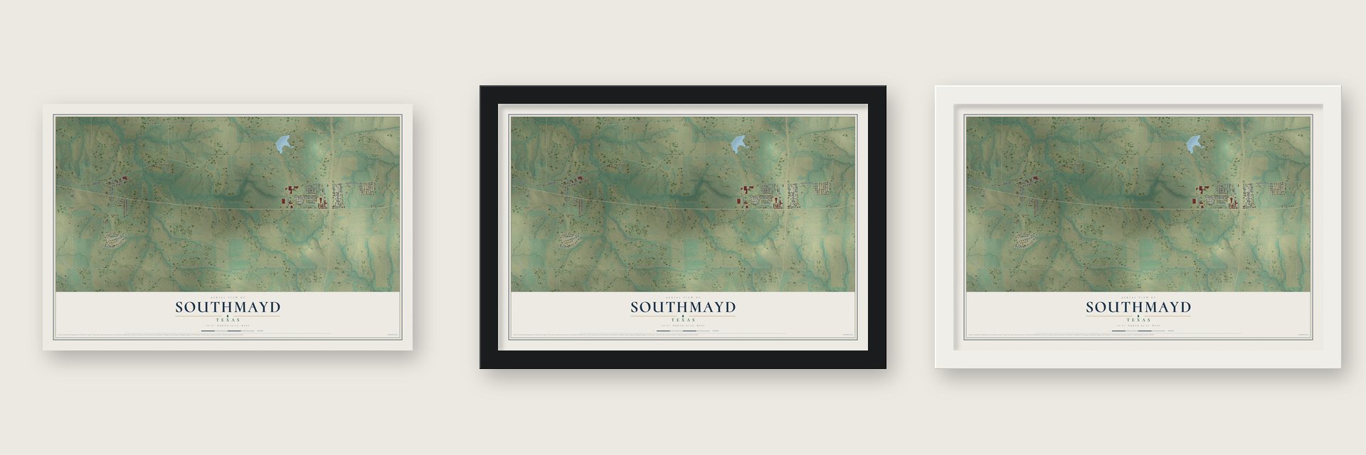 Southmayd, Texas map unframed, in a black wood frame and in a white wood frame