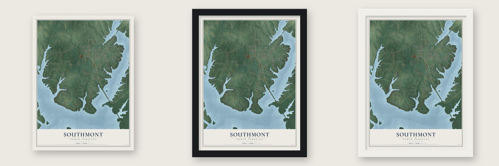 Southmont, North Carolina map unframed, in a black wood frame and in a white wood frame