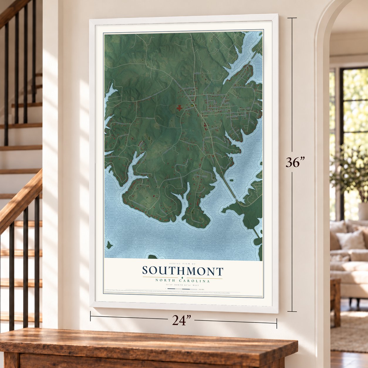 Southmont, North Carolina map, 24 x 36 inch print in a white frame by a staircase