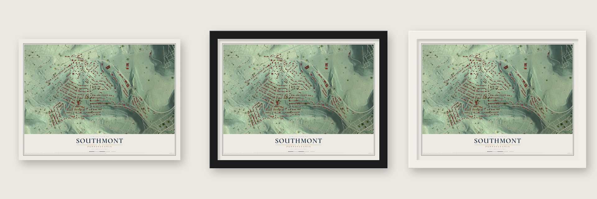 Southmont, Pennsylvania map unframed, in a black wood frame and in a white wood frame