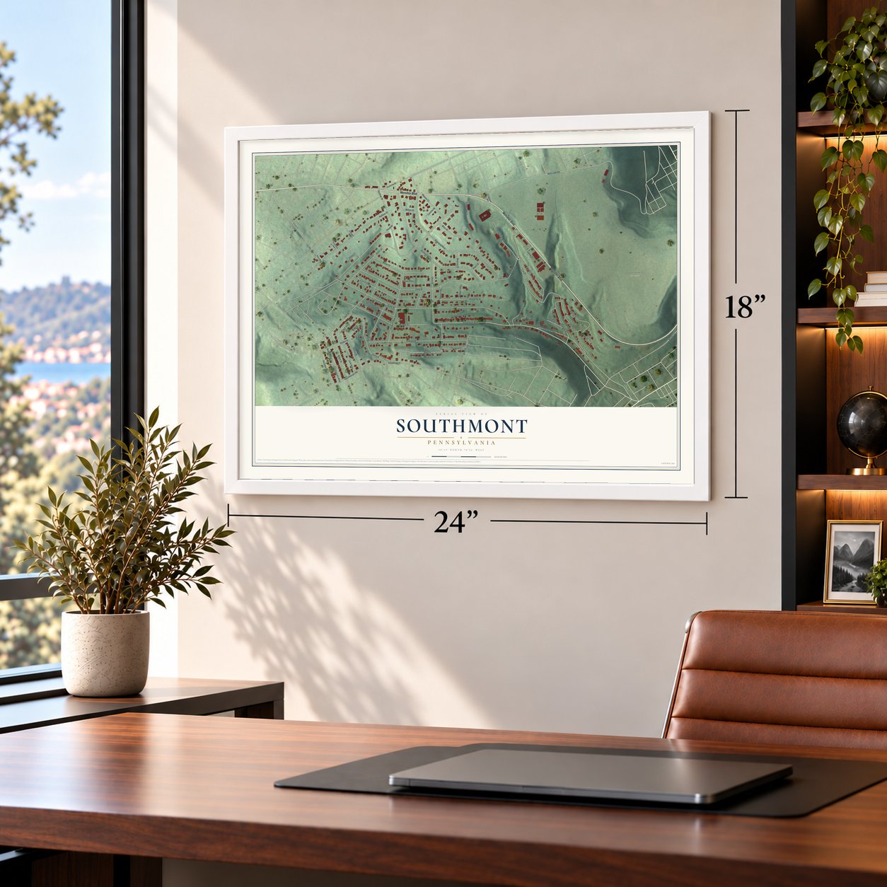 Southmont, Pennsylvania map, 18 x 24 inch print in a white frame in a home office
