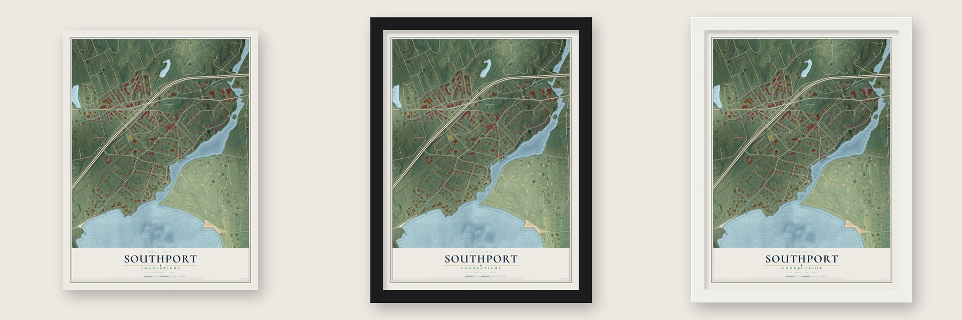 Southport, Connecticut map unframed, in a black wood frame and in a white wood frame