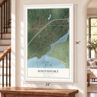 Southport, Connecticut map, 24 x 36 inch print in a white frame by a staircase