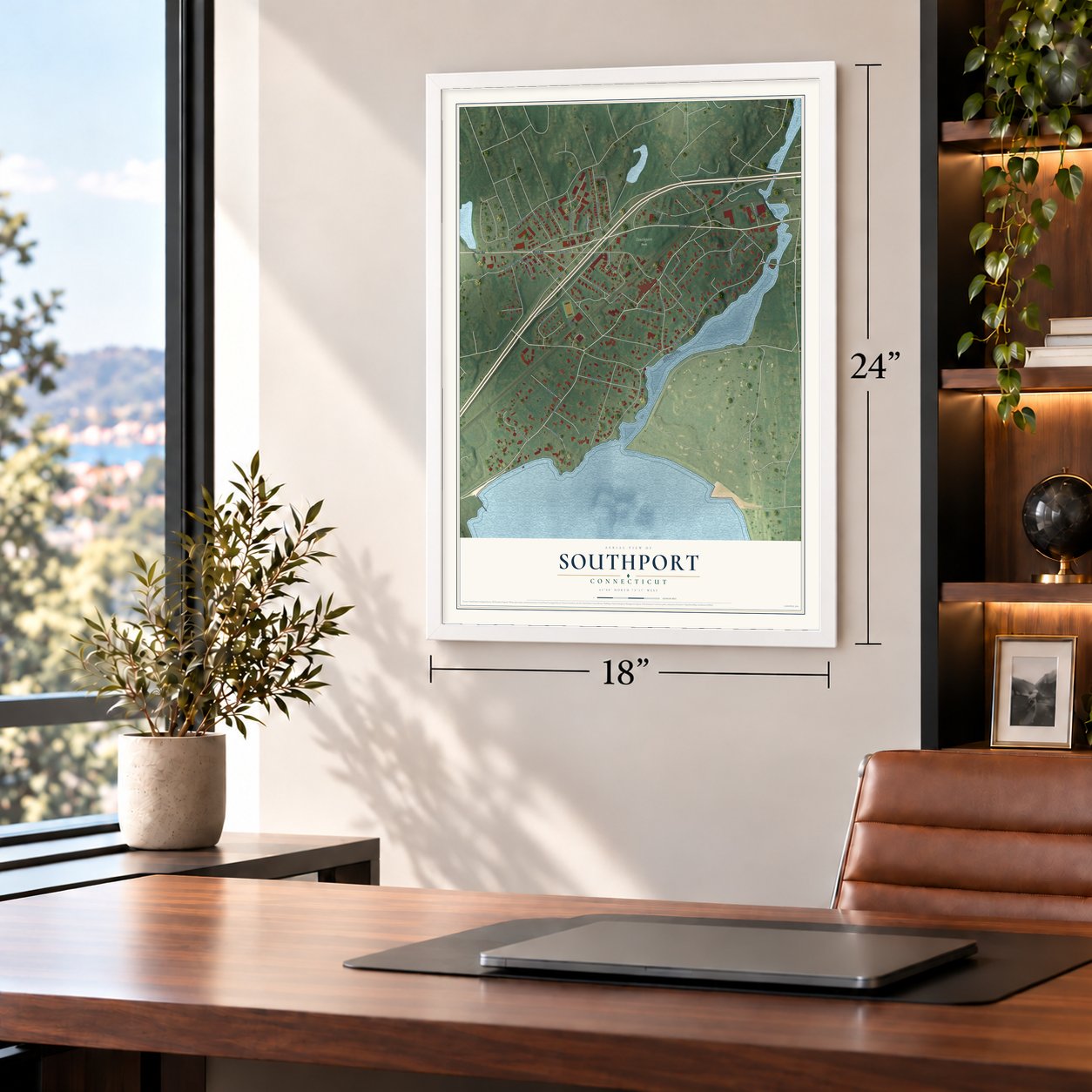 Southport, Connecticut map, 18 x 24 inch print in a white frame in a home office