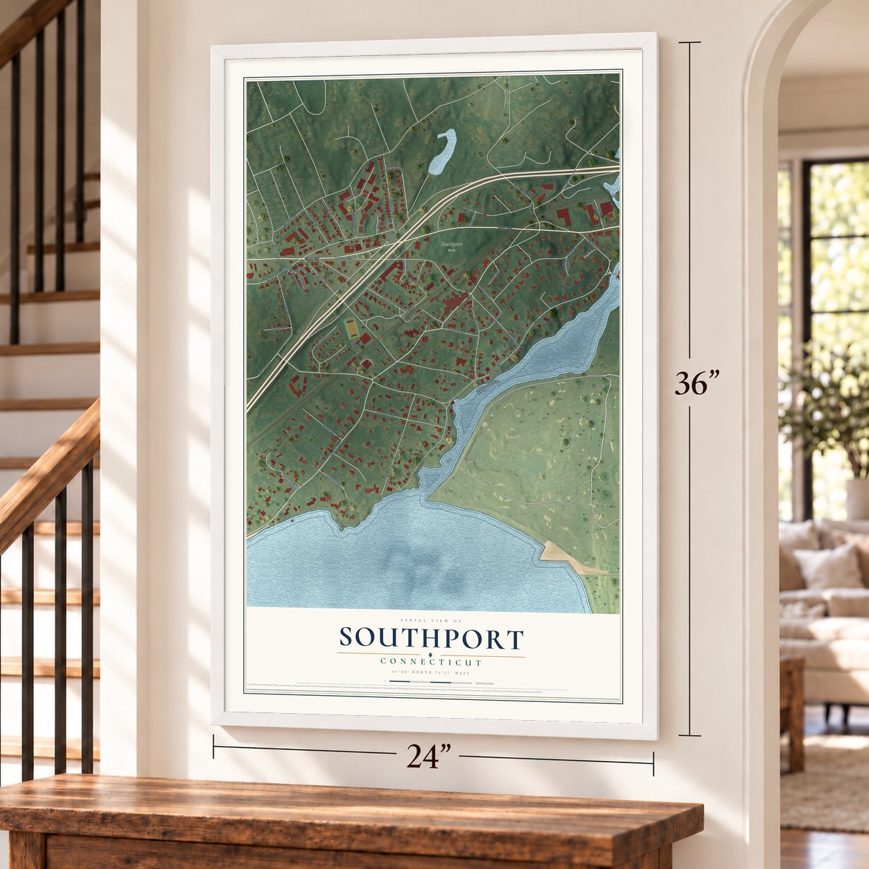 Southport, Connecticut map, 24 x 36 inch print in a white frame by a staircase