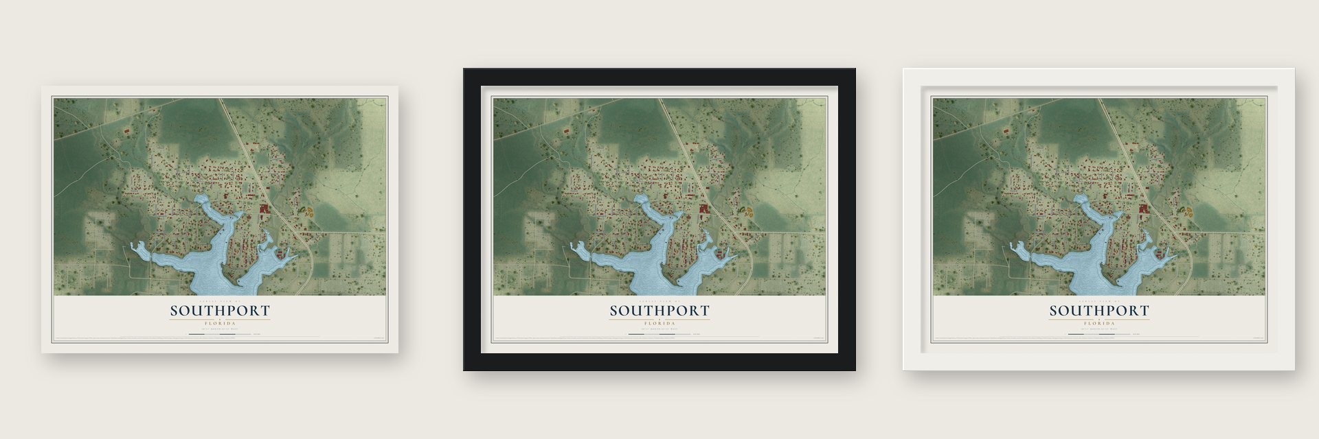 Southport, Florida map unframed, in a black wood frame and in a white wood frame