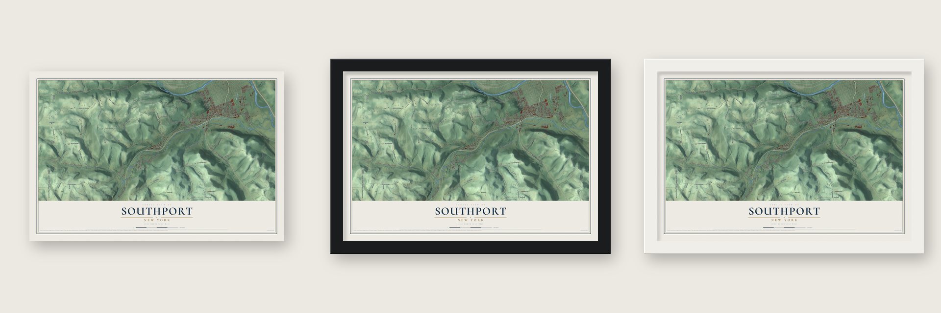 Southport, New York map unframed, in a black wood frame and in a white wood frame