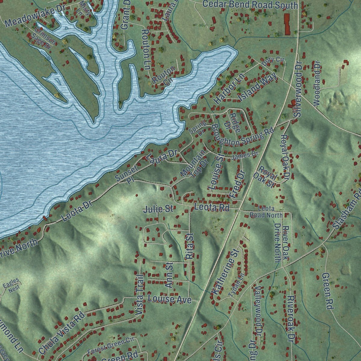 Second close-up of the map of Southside, Alabama print showing more streets and buildings