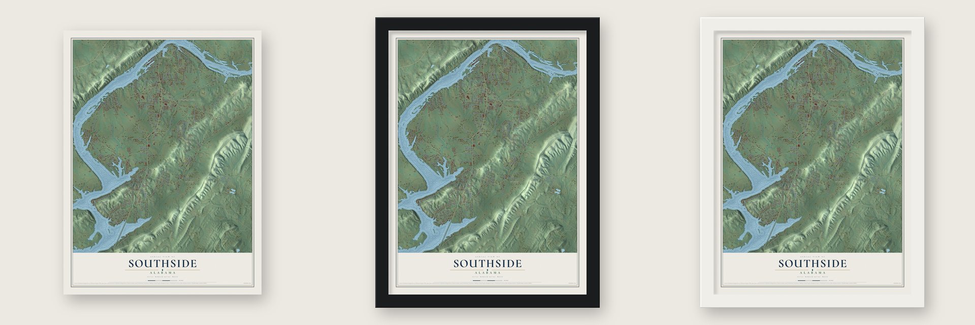 Southside, Alabama map unframed, in a black wood frame and in a white wood frame