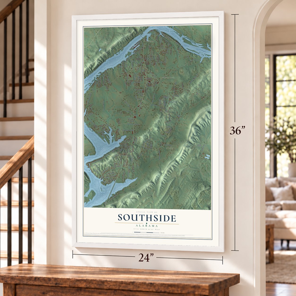 Southside, Alabama map, 24 x 36 inch print in a white frame by a staircase