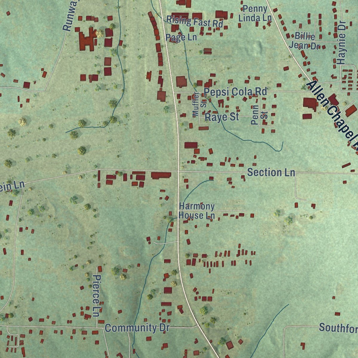 Second close-up of the map of Southside, Arkansas print showing more streets and buildings