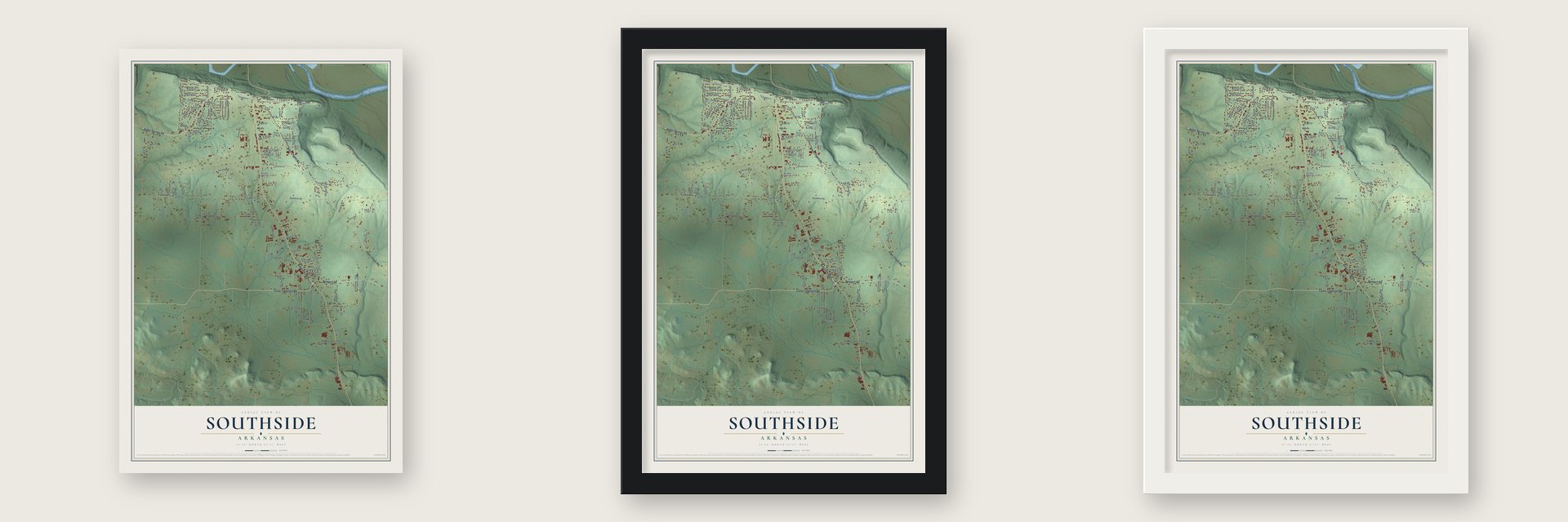 Southside, Arkansas map unframed, in a black wood frame and in a white wood frame