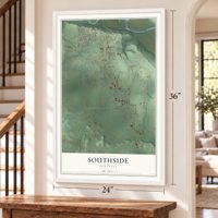Southside, Arkansas map, 24 x 36 inch print in a white frame by a staircase