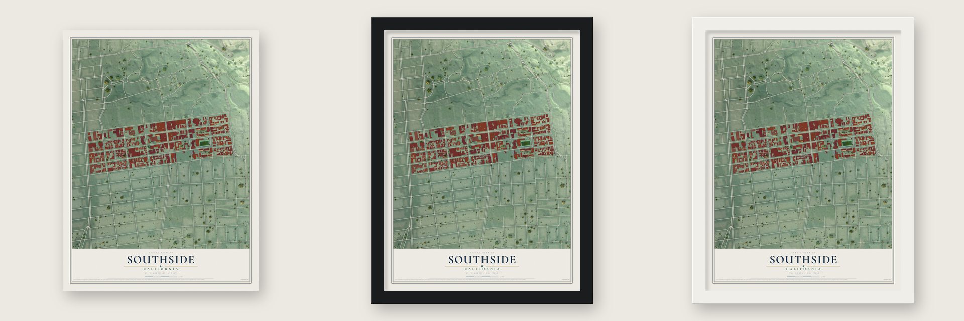 Southside, California map unframed, in a black wood frame and in a white wood frame