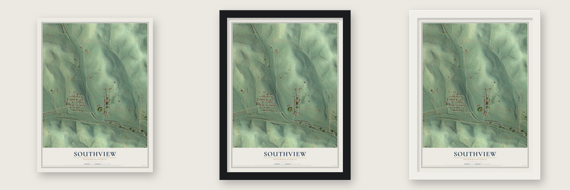 Southview, Pennsylvania map unframed, in a black wood frame and in a white wood frame
