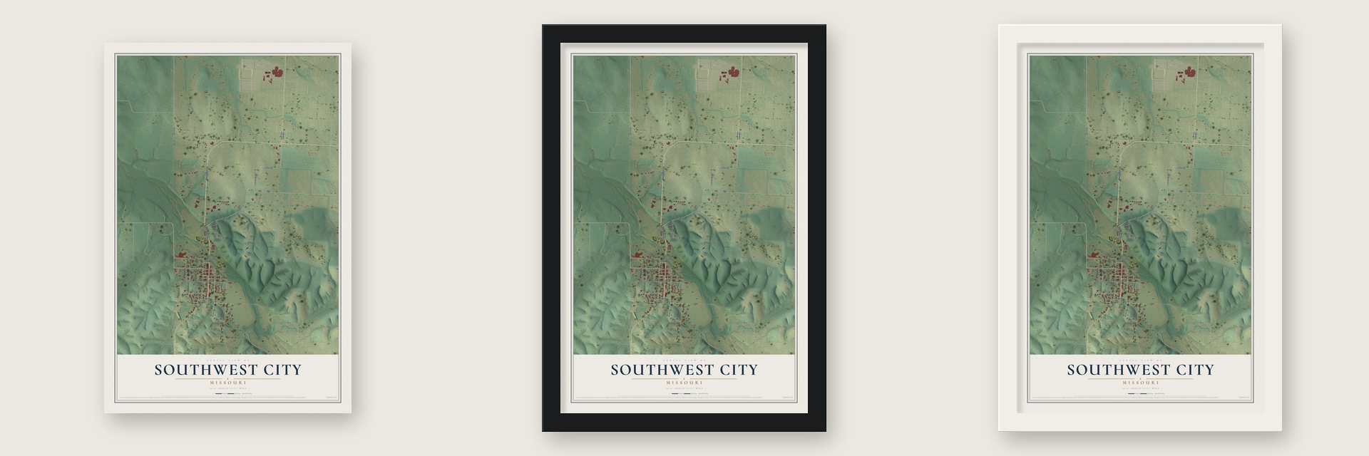 Southwest City, Missouri map unframed, in a black wood frame and in a white wood frame