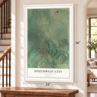 Southwest City, Missouri map, 24 x 36 inch print in a white frame by a staircase