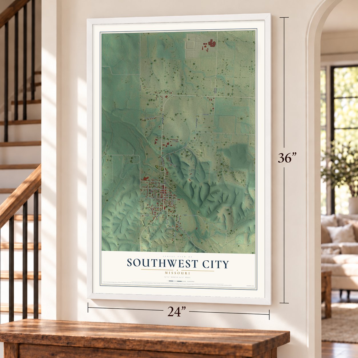 Southwest City, Missouri map, 24 x 36 inch print in a white frame by a staircase