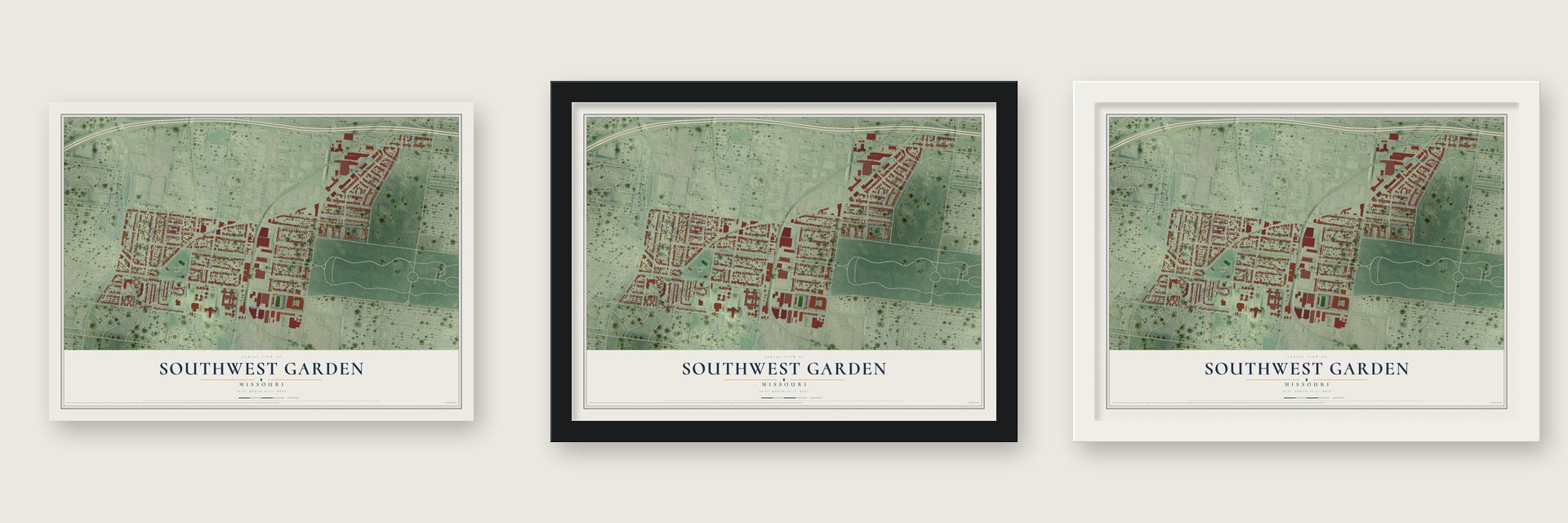 Southwest Garden, Missouri map unframed, in a black wood frame and in a white wood frame