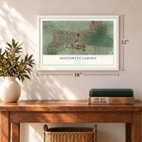 Southwest Garden, Missouri map, 12 x 18 inch print in a white frame in an entryway