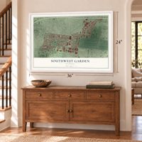 Southwest Garden, Missouri map, 24 x 36 inch print in a white frame above a dresser by a staircase