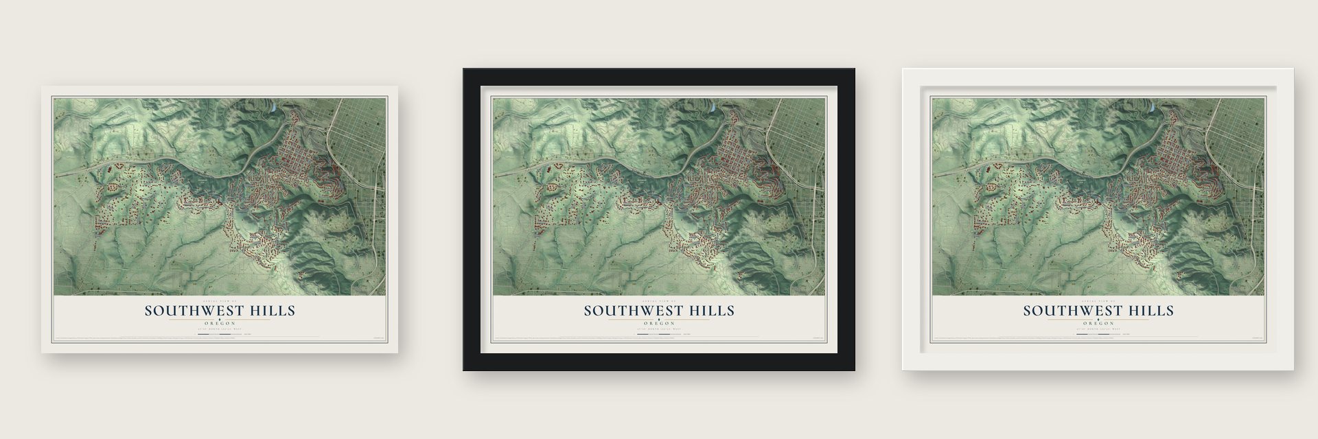 Southwest Hills, Oregon map unframed, in a black wood frame and in a white wood frame