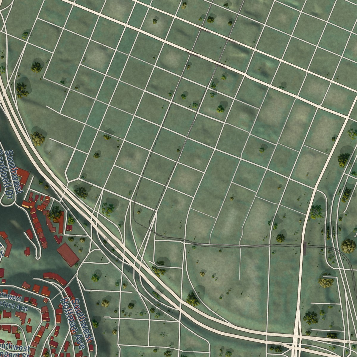 Second close-up of the map of Southwest Hills, Oregon print showing more streets and buildings