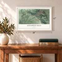 Southwest Hills, Oregon map, 12 x 18 inch print in a white frame in an entryway