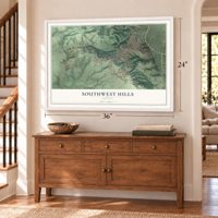 Southwest Hills, Oregon map, 24 x 36 inch print in a white frame above a dresser by a staircase