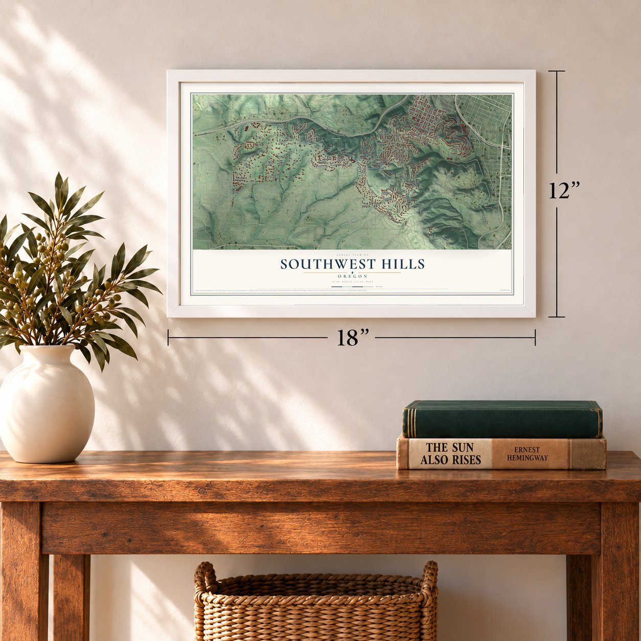 Southwest Hills, Oregon map, 12 x 18 inch print in a white frame in an entryway