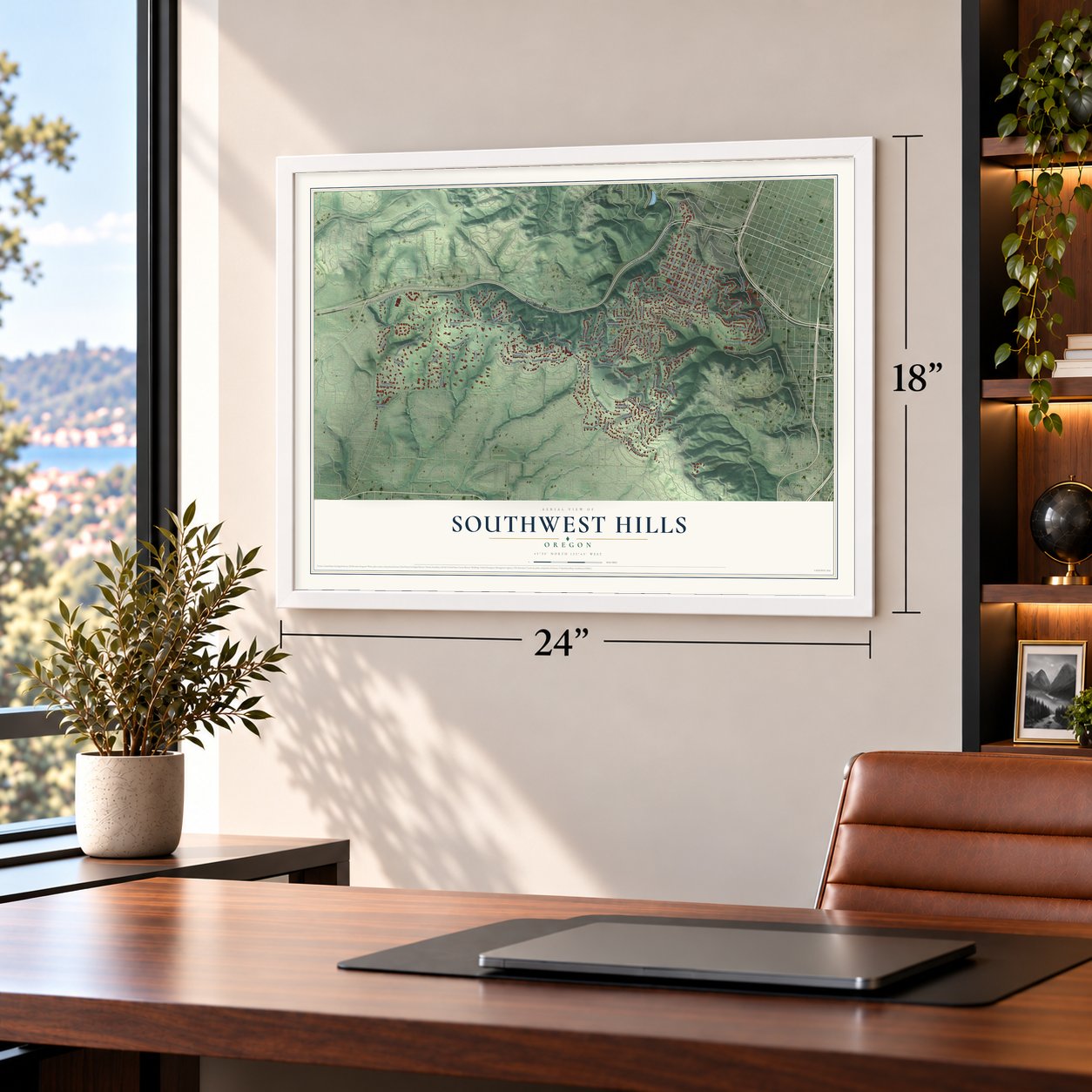 Southwest Hills, Oregon map, 18 x 24 inch print in a white frame in a home office