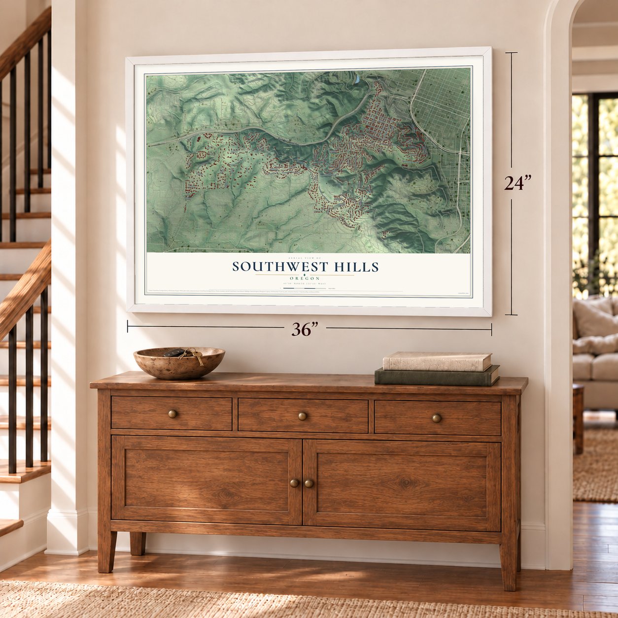 Southwest Hills, Oregon map, 24 x 36 inch print in a white frame above a dresser by a staircase
