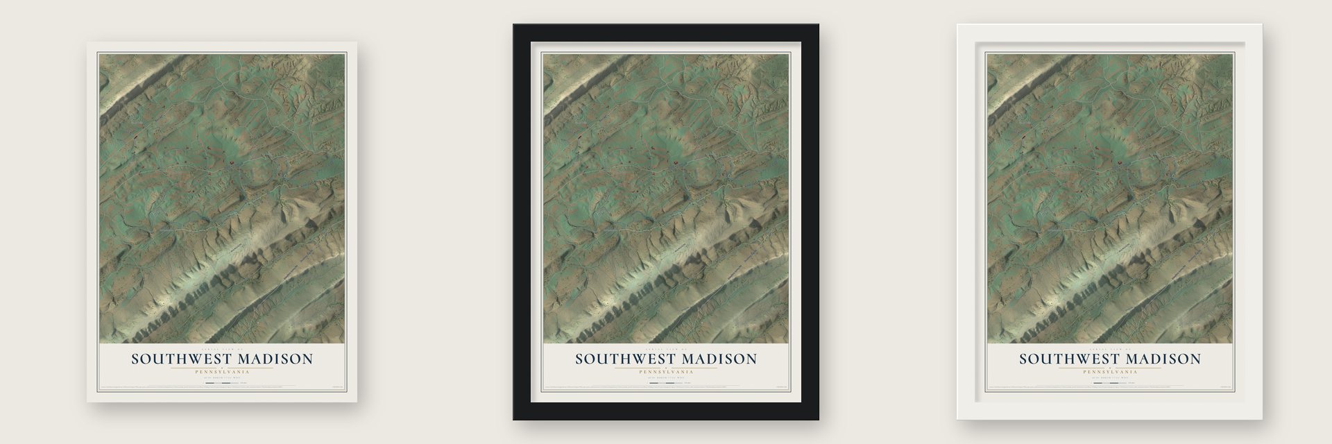 Southwest Madison, Pennsylvania map unframed, in a black wood frame and in a white wood frame