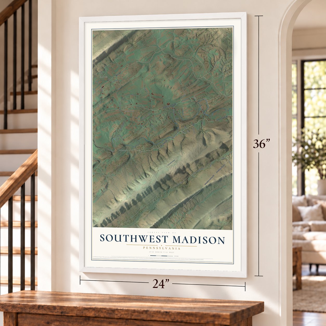 Southwest Madison, Pennsylvania map, 24 x 36 inch print in a white frame by a staircase