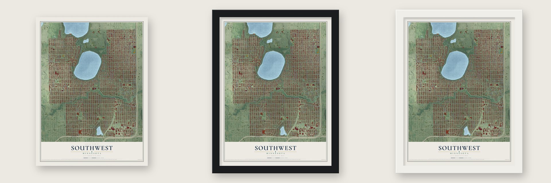 Southwest, Minnesota map unframed, in a black wood frame and in a white wood frame