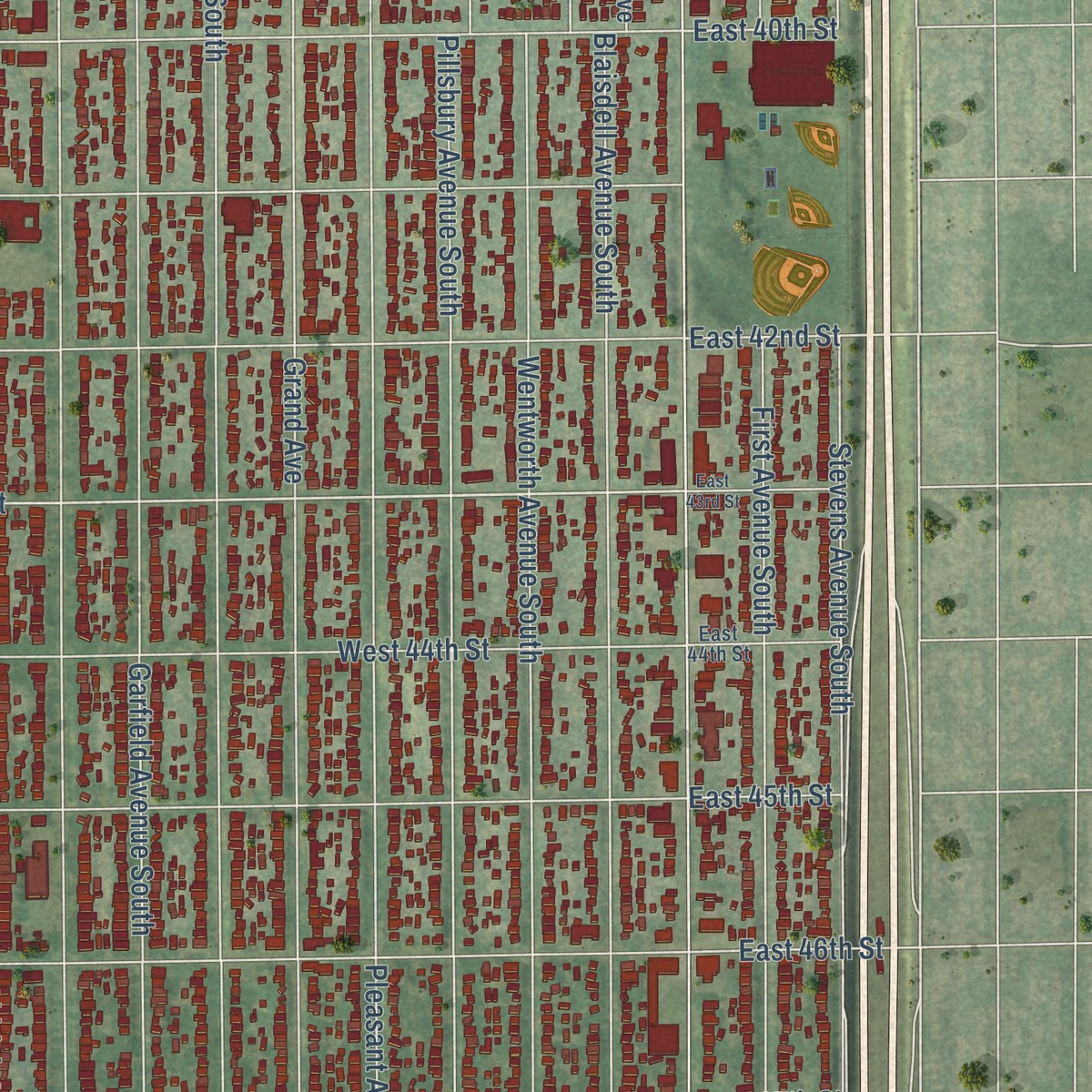 Second close-up of the map of Southwest, Minnesota print showing more streets and buildings