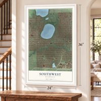 Southwest, Minnesota map, 24 x 36 inch print in a white frame by a staircase
