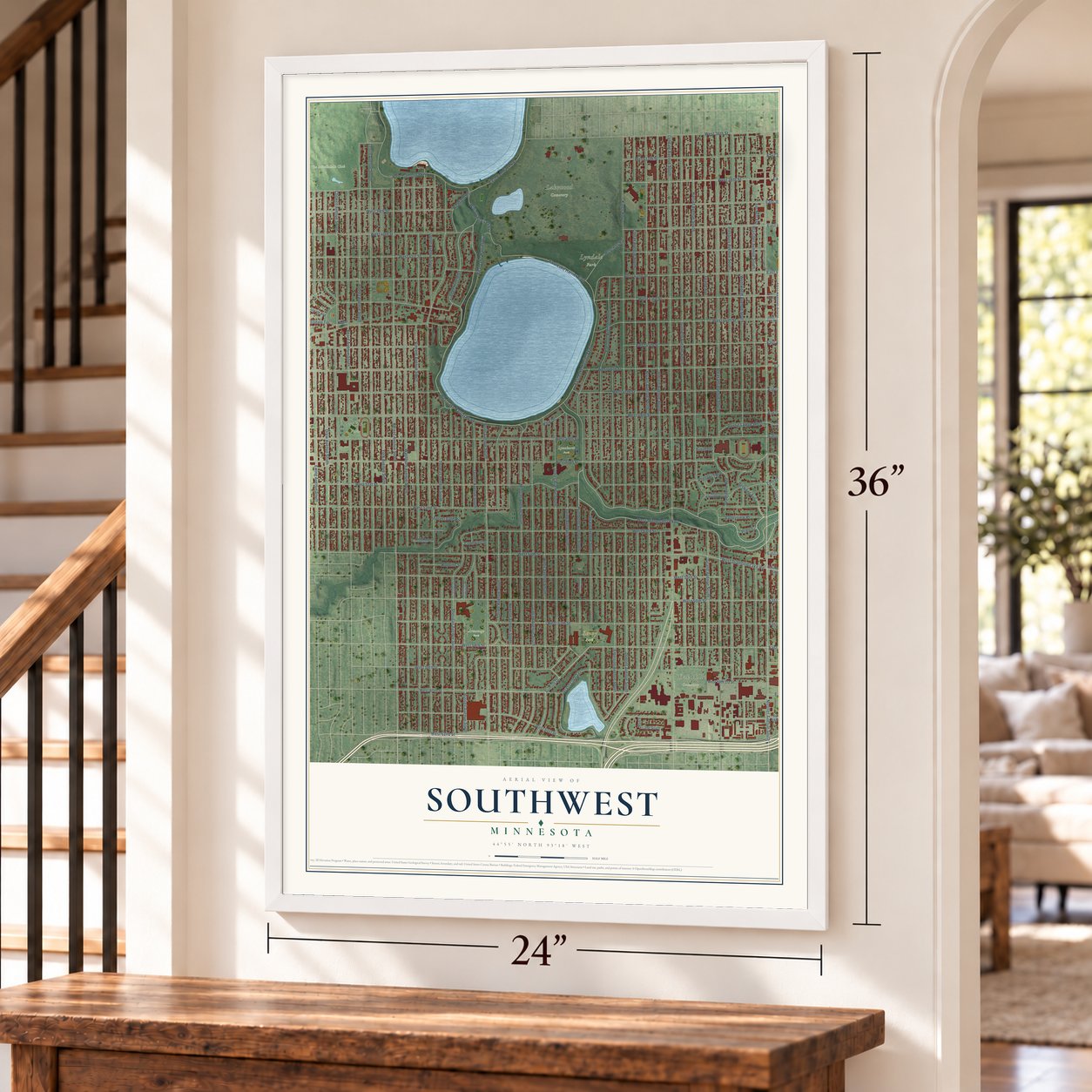 Southwest, Minnesota map, 24 x 36 inch print in a white frame by a staircase