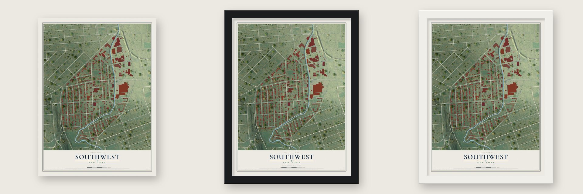 Southwest, New York map unframed, in a black wood frame and in a white wood frame