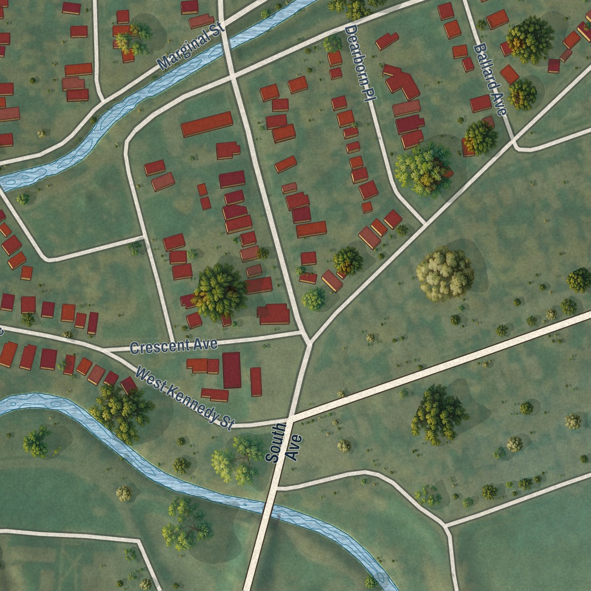 Second close-up of the map of Southwest, New York print showing more streets and buildings
