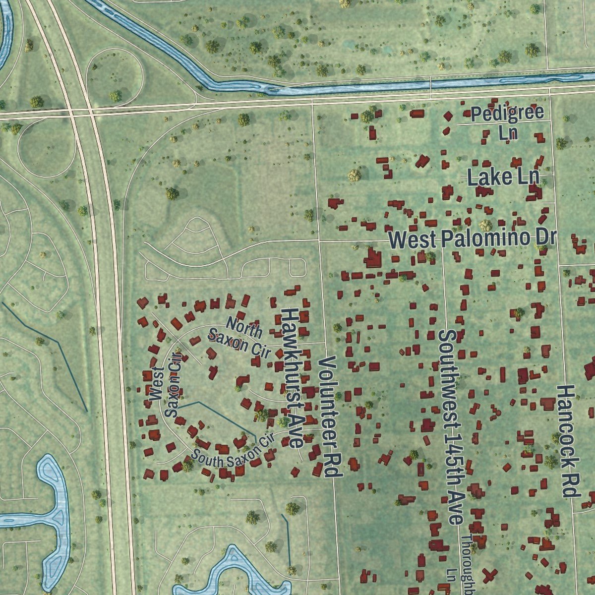 Second close-up of the map of Southwest Ranches, Florida print showing more streets and buildings