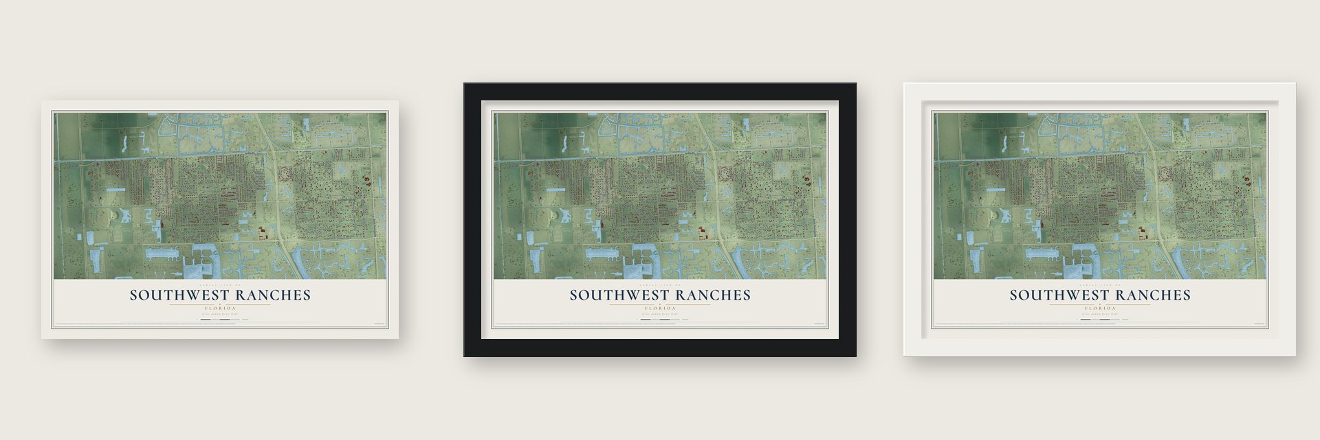 Southwest Ranches, Florida map unframed, in a black wood frame and in a white wood frame