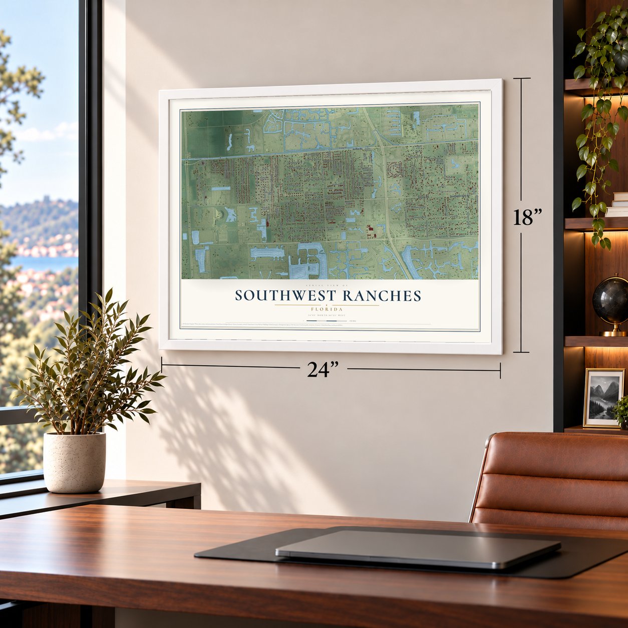 Southwest Ranches, Florida map, 18 x 24 inch print in a white frame in a home office