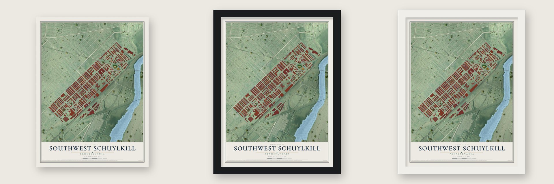 Southwest Schuylkill, Pennsylvania map unframed, in a black wood frame and in a white wood frame